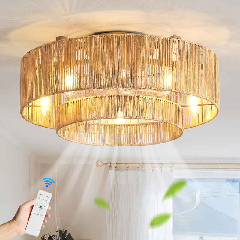 20 Inch Boho Caged Ceiling Fans with Lights Flush Mount, Layered Rattan Ceiling Fan with Light Remote Control with Reversible 6 Speeds for Bedroom, Nursery, Living Room, E12 Base