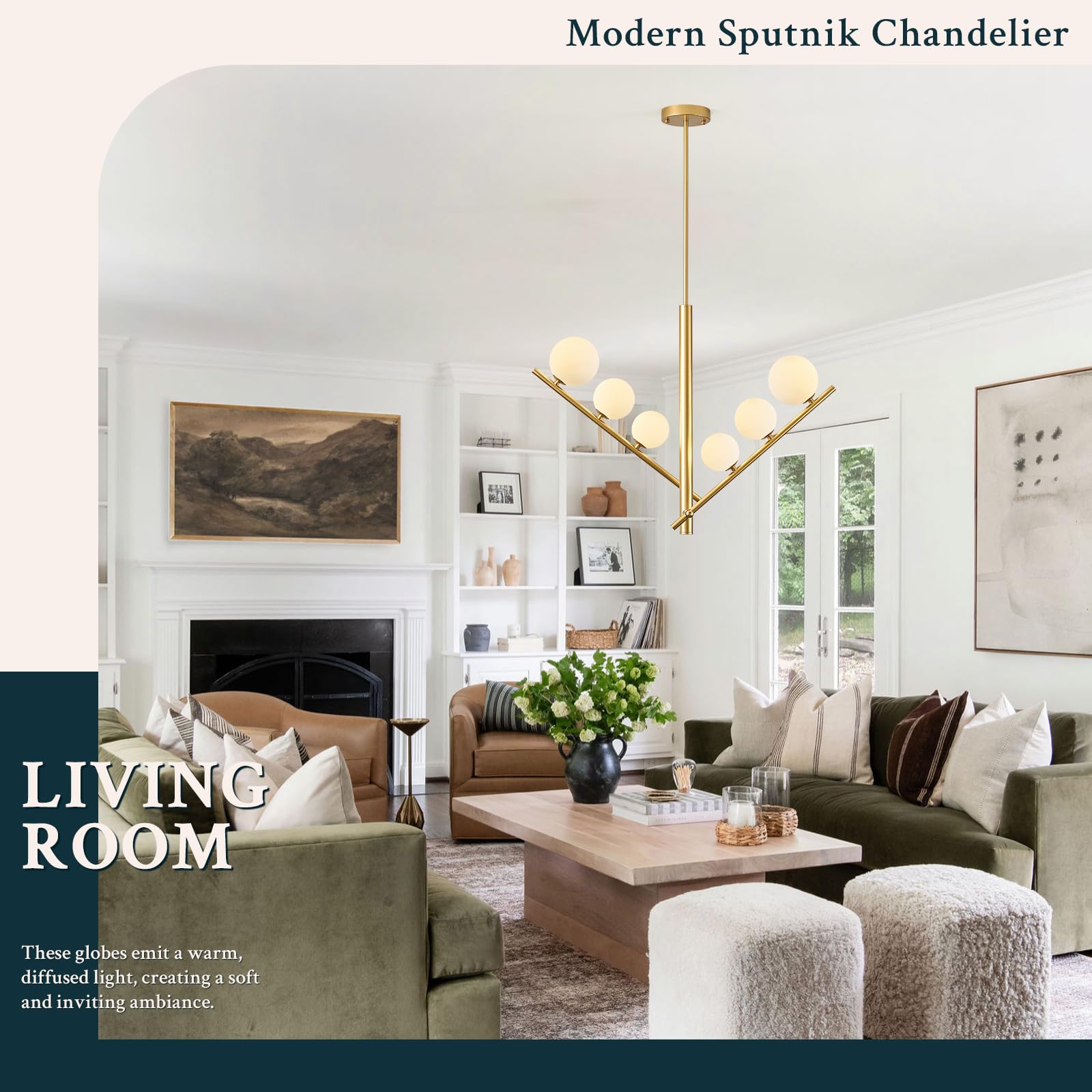 Modern Chandelier, 6/12 Lights Sputnik Chandelier Mid Century Chandelier with Milk Glass Shade Large Ceiling Pendant Light Fixture for Living Dining Room Foyer Bedroom