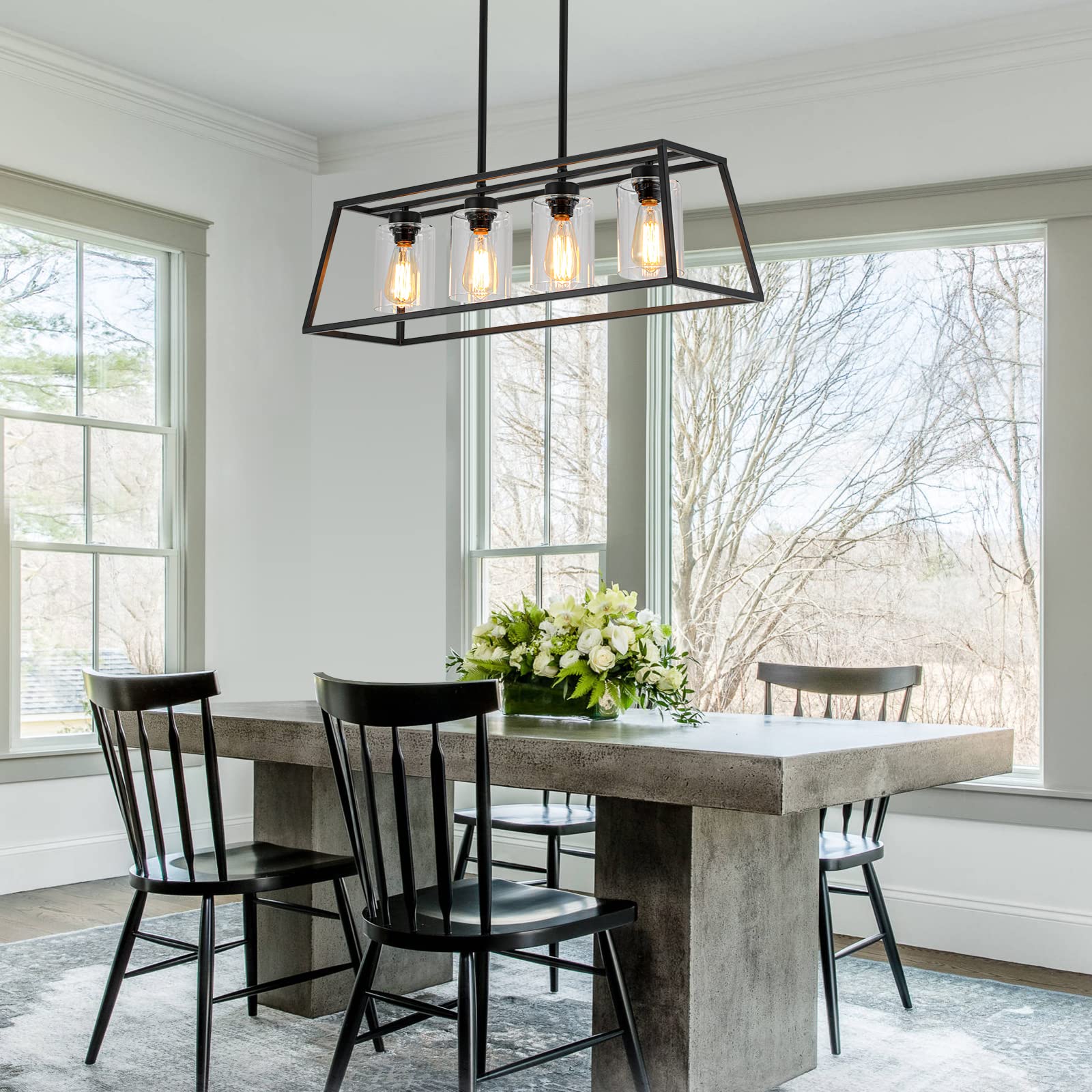 Dining Room Light Fixtures Over Table, Black Farmhouse Chandeliers for Dining Room 4/5/6-Lights with Cylinder Clear Glass, Apply to Rectangle Chandelier for Kitchen Island Bar Cafe 