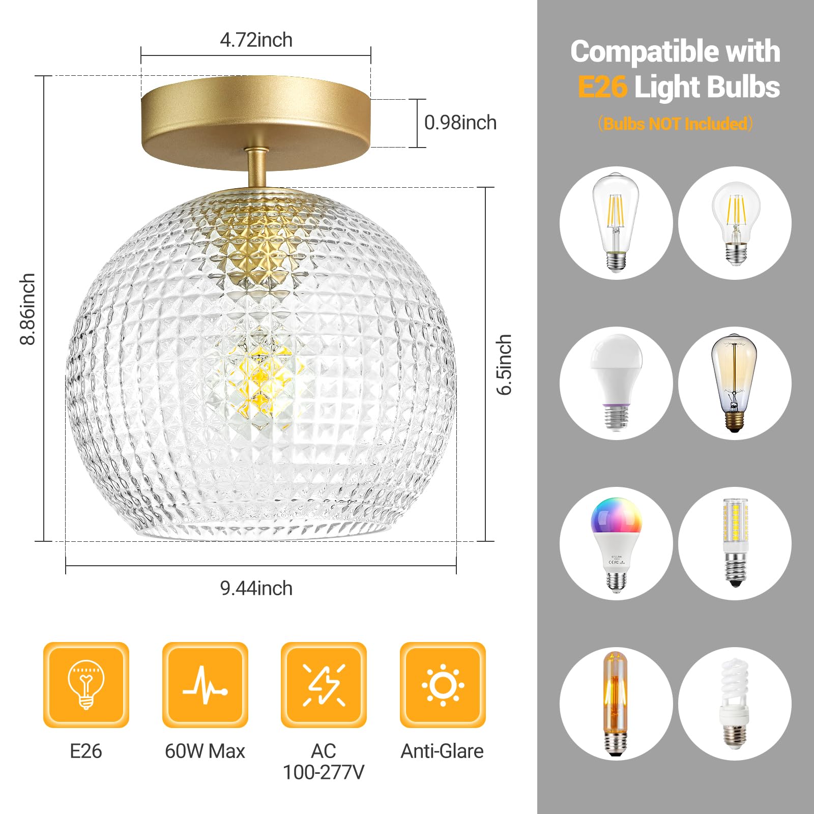 Semi Flush Mount Ceiling Light Fixture, Hallway Lighting Fixtures Ceiling, Vintage Close to Ceiling Light Fixture, Globe Glass Ceiling Lamp for Bathroom Entryway, E26 Base (No Bulbs) 