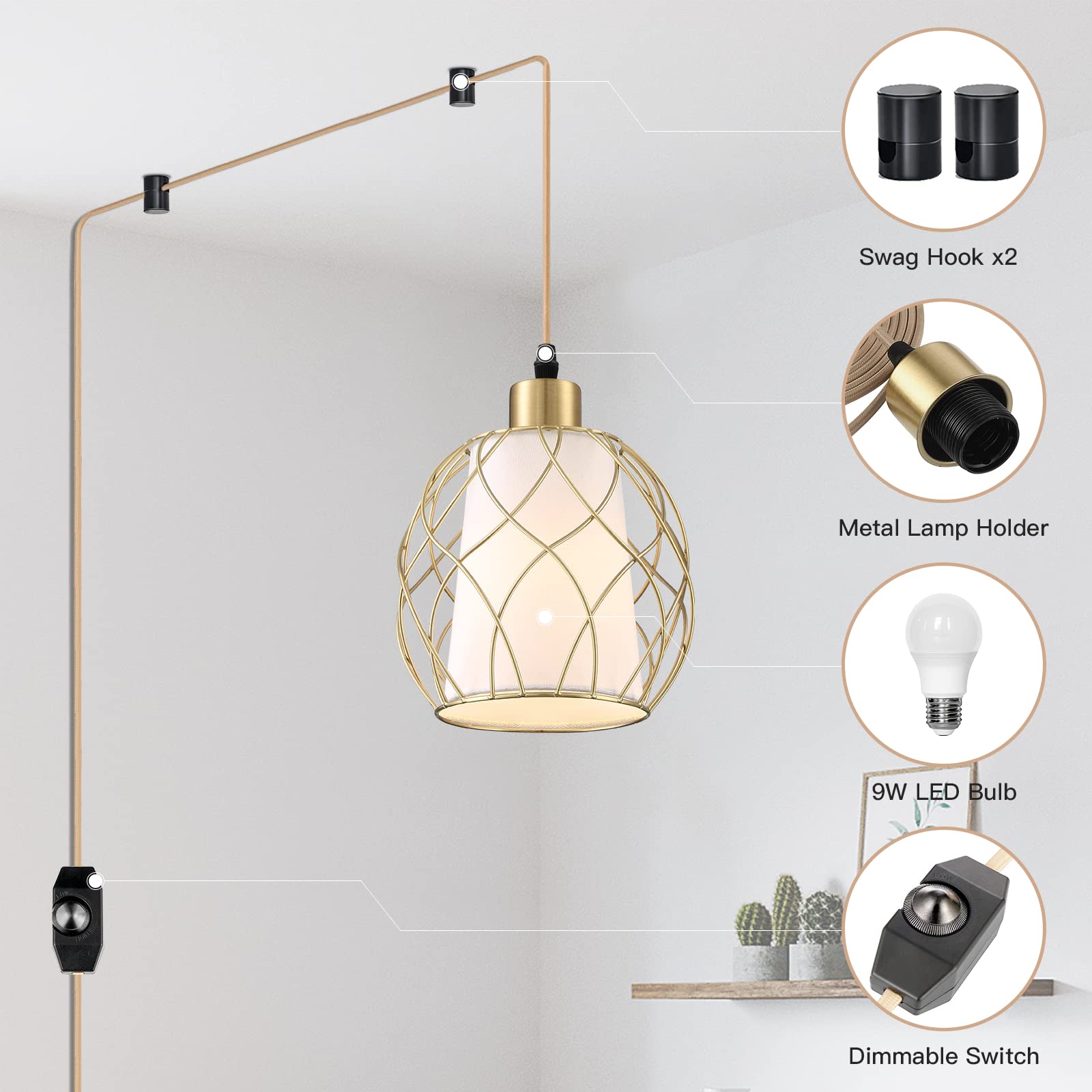 Plug in Pendant Light,Hanging Light with Plug in Cord,Black Hanging Lamp with Dimmable Switch,15 ft Golden Cotton Cord,Hanging Light Fixture for Kitchen Living Room Bedroom (Bulb Included) 