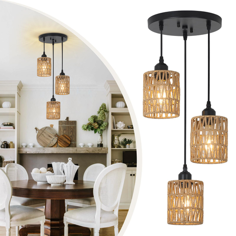 3 Lights Rattan Pendant Light, Farmhouse Dining Room Light Fixtures Ceiling Hanging, Boho Pendant Lighting with Hand Woven Wicker Shades for Kitchen Island Living Room Bedroom Foyer Hallway 