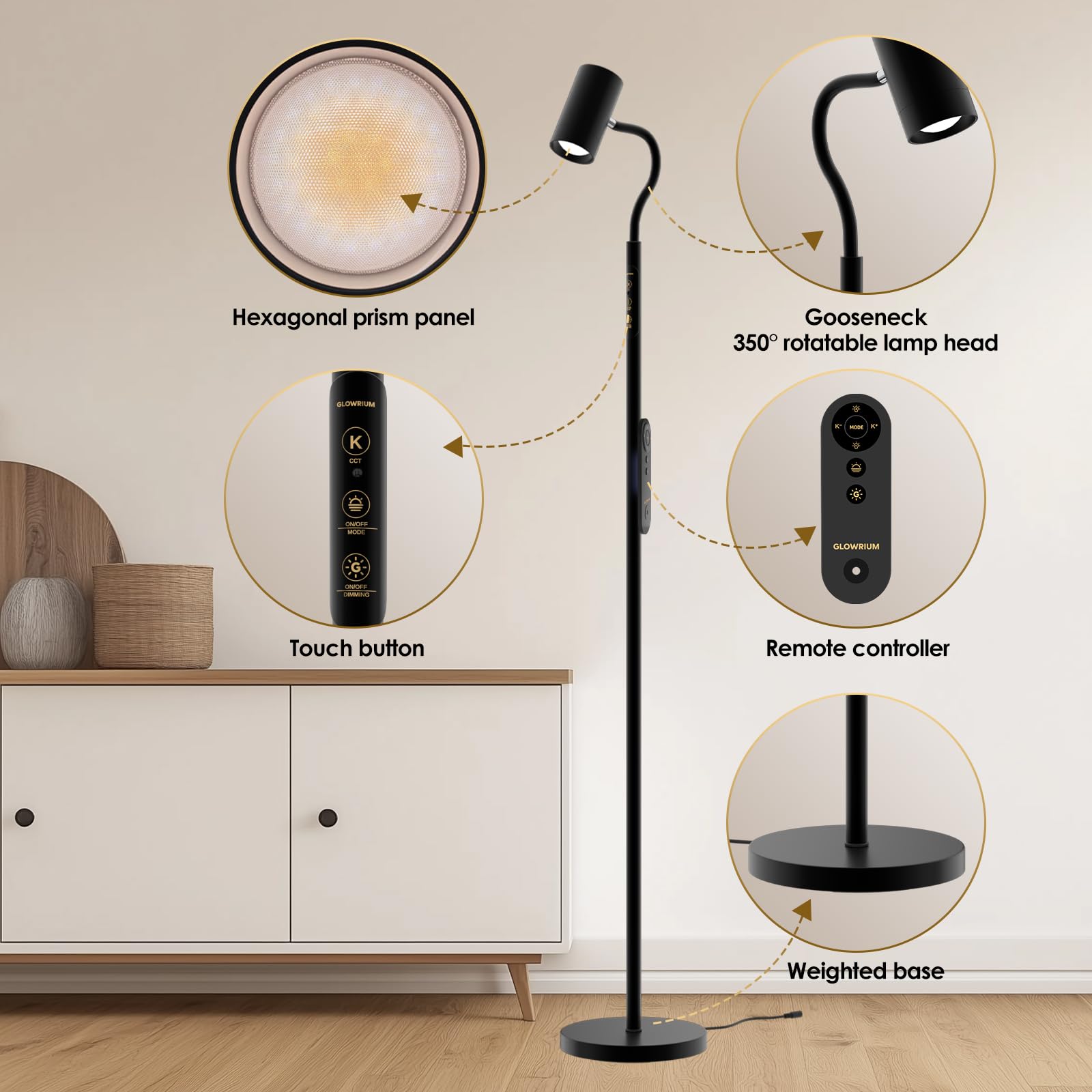 Reading Floor Lamp H2,Dual-Side Floor Lamps for Living Room,Bedroom,5 Color Temperatures and 5 Atmosphere Lighting Modes,Adjustable Gooseneck Reading Floor Lamp for Home and Office