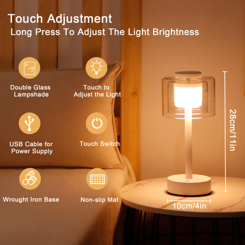 Industrial Touch Control Table Lamp 11"H 3-Way Dimmable Bedside Lamp Rechargeable Nightstand Lamp with Glass Shade for Bedroom Living Room Dining Room Patio Outdoors