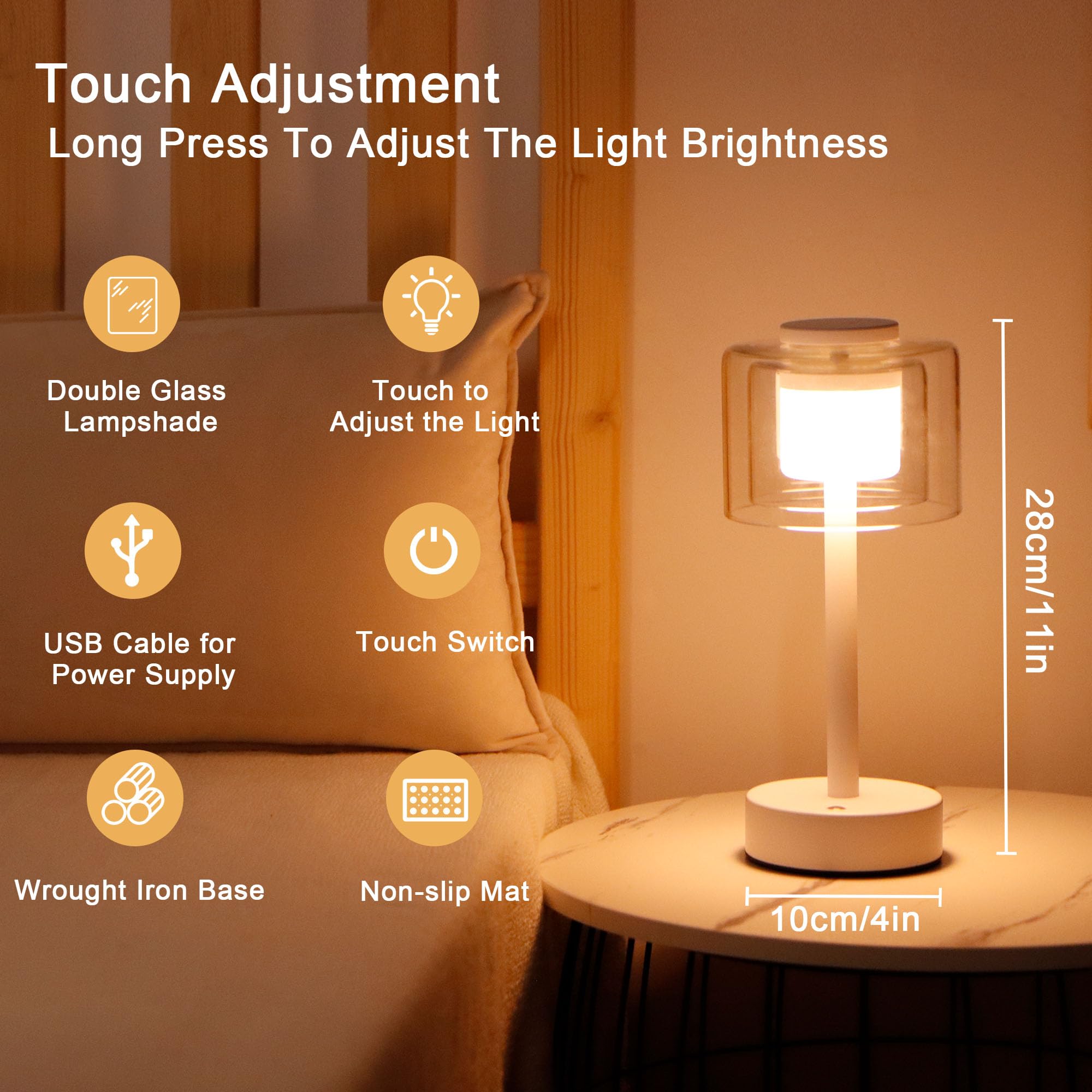 Industrial Touch Control Table Lamp 11"H 3-Way Dimmable Bedside Lamp Rechargeable Nightstand Lamp with Glass Shade for Bedroom Living Room Dining Room Patio Outdoors