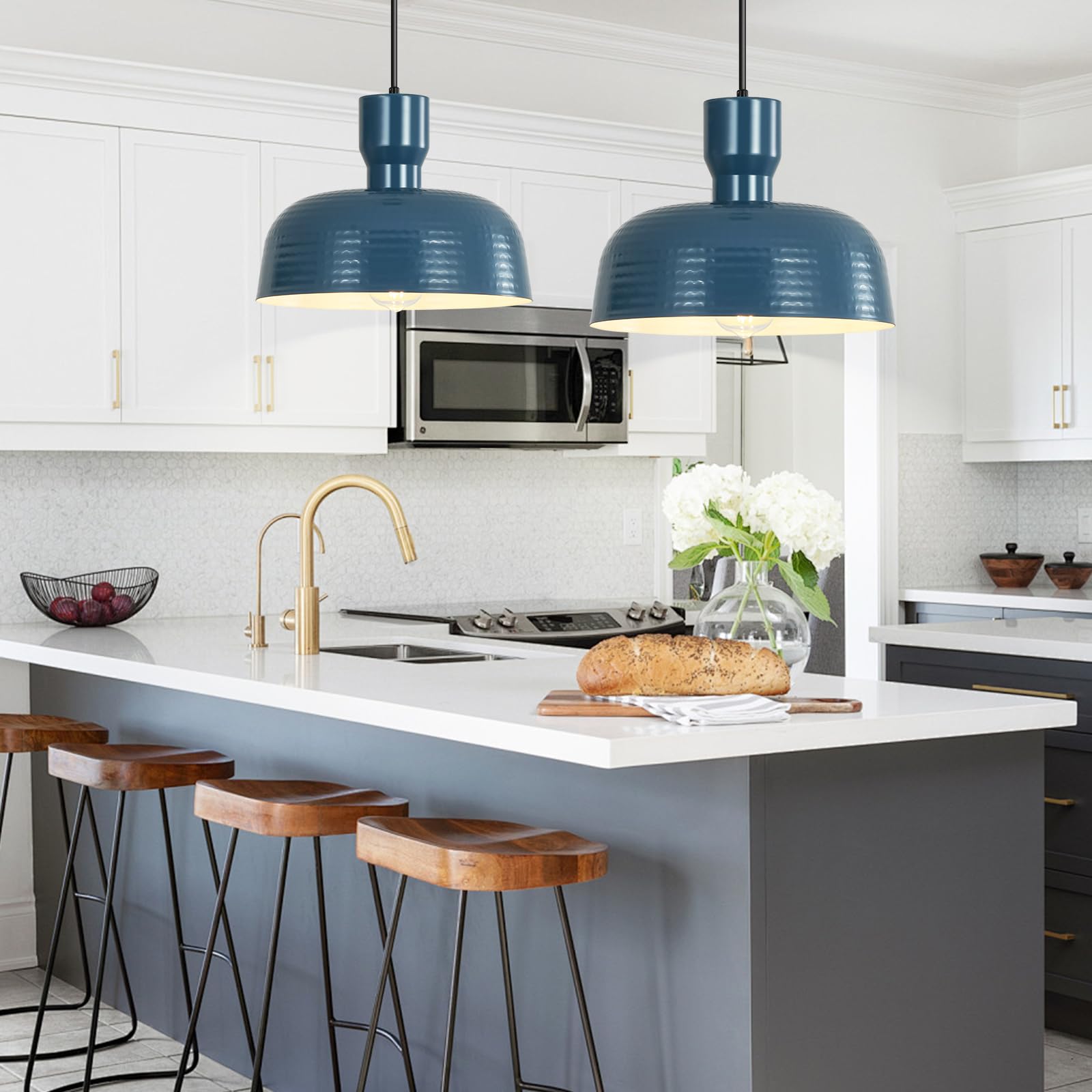 Pendant Lights Kitchen Island - Farmhouse Pendant Light Fixture with Hammered Shade, Adjustable Hanging Lamp Dome Ceiling Lighting for Living Room Foyer