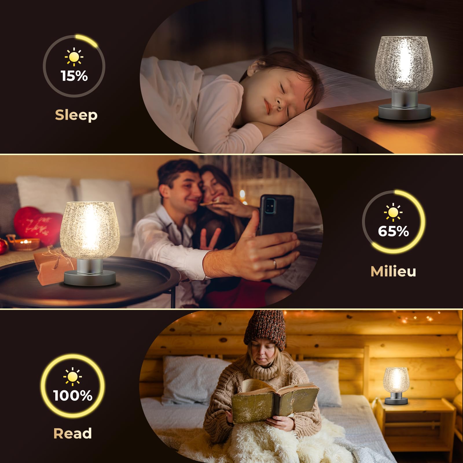 Touch Bedside Table Lamp for Bedroom Nightstand, Vintage Small Touch Lamp with Decorative Stained Glass Shade, Ambient LED Bulb, 3-way Dimmable Nightlight for Read, Retro Holiday Birthday Gifts 