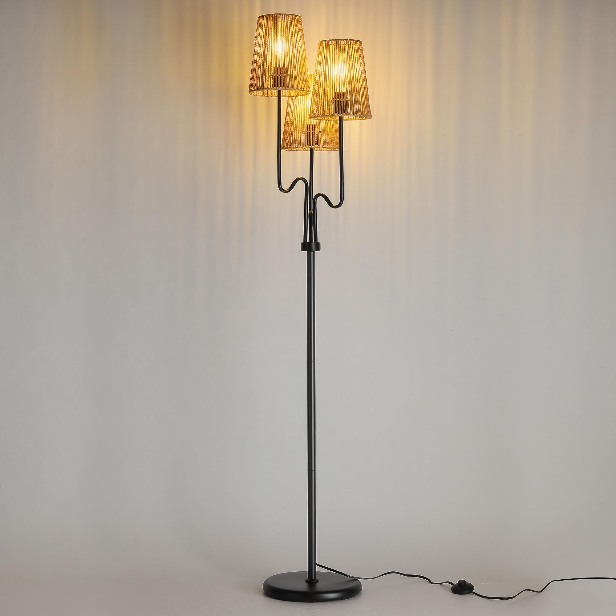 Boho Floor Lamp, 68in. Rattan Floor Lamp with Rattan Shade,3 Light Tree Standing Lamp for Bedroom,Nursery,E26 Socket, Living Room Floor Lamp for Rustic,Beach or Bohemian Decor