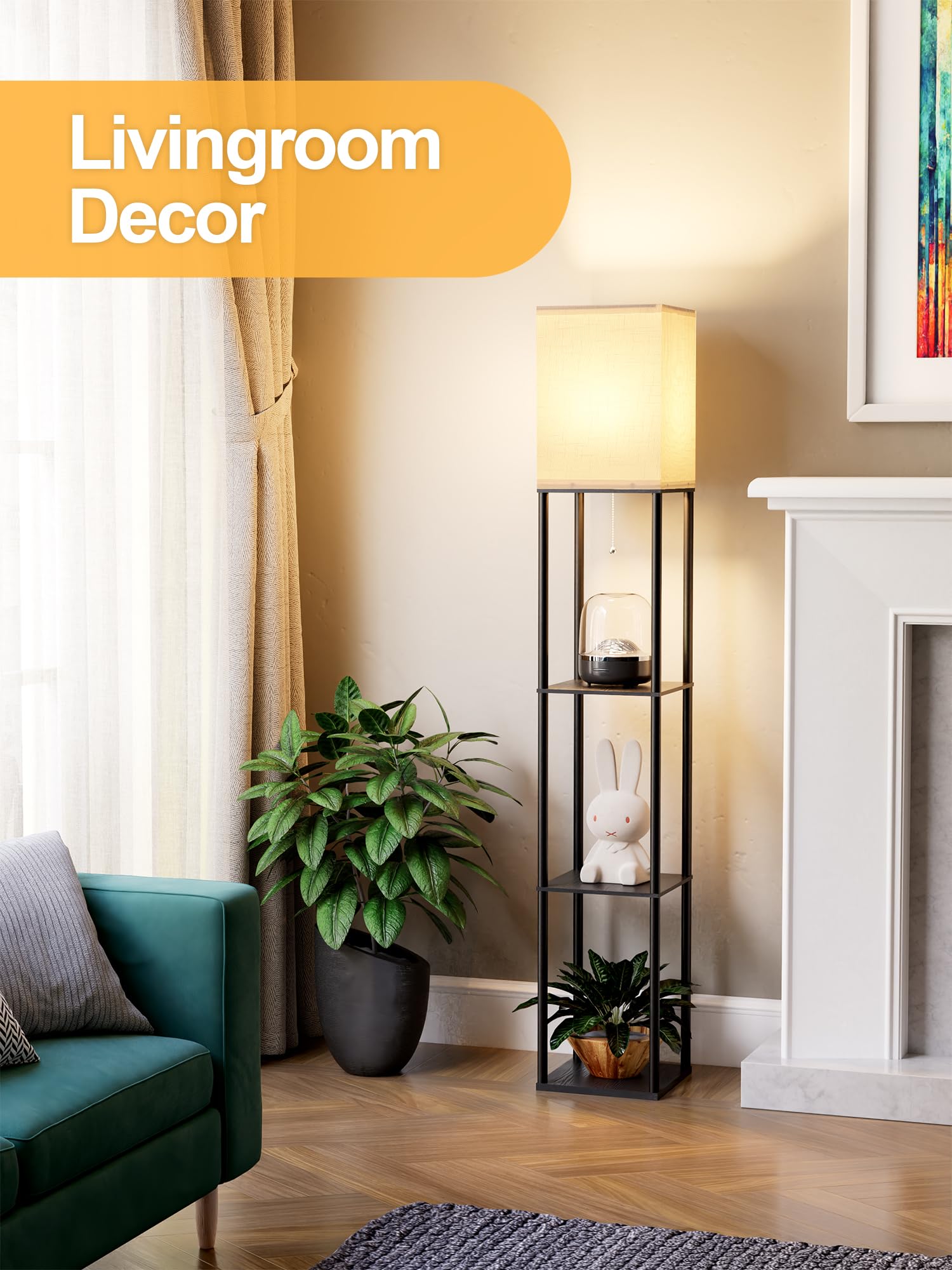 Floor Lamp with Shelves for Living Room, Shelf Floor Lamp with 3 CCT LED Bulb, Corner Display Standing Column Lamp Organizer Tower Nightstand with White Linen Shade for Bedroom, Office 