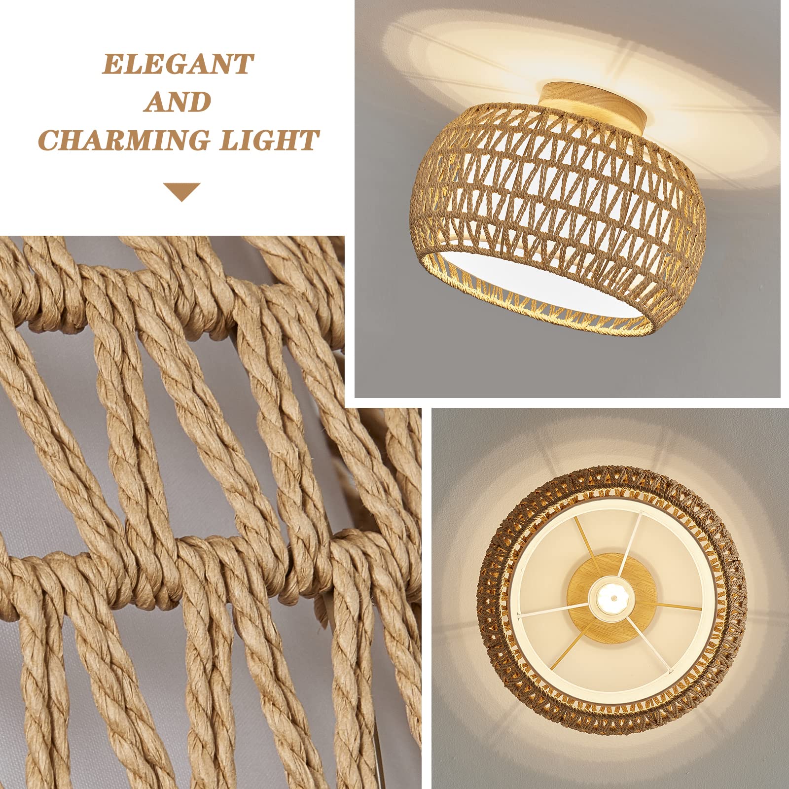 Rattan Ceiling Light Fixtures, Hand-woven Boho Flush Mount Ceiling Light, Handmade Rattan Light Fixtures Ceiling Mount with Fabric Shade, Farmhouse Light Fixture for Bedroom Hallway Entryway