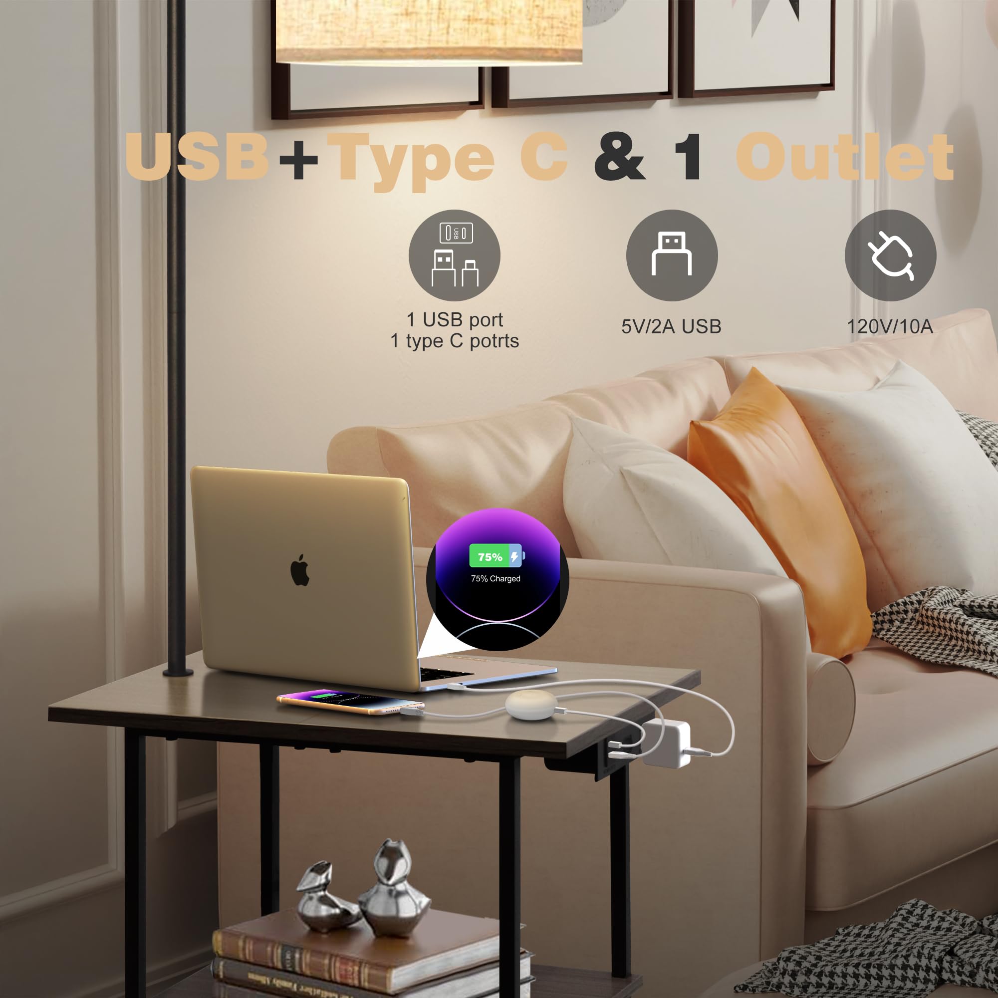 Floor Lamp with Table, End Table with Charging Station, 3 Color Temperatures 9W LED Bulb, Modern Shelves Side Table for Bedroom, Living Room