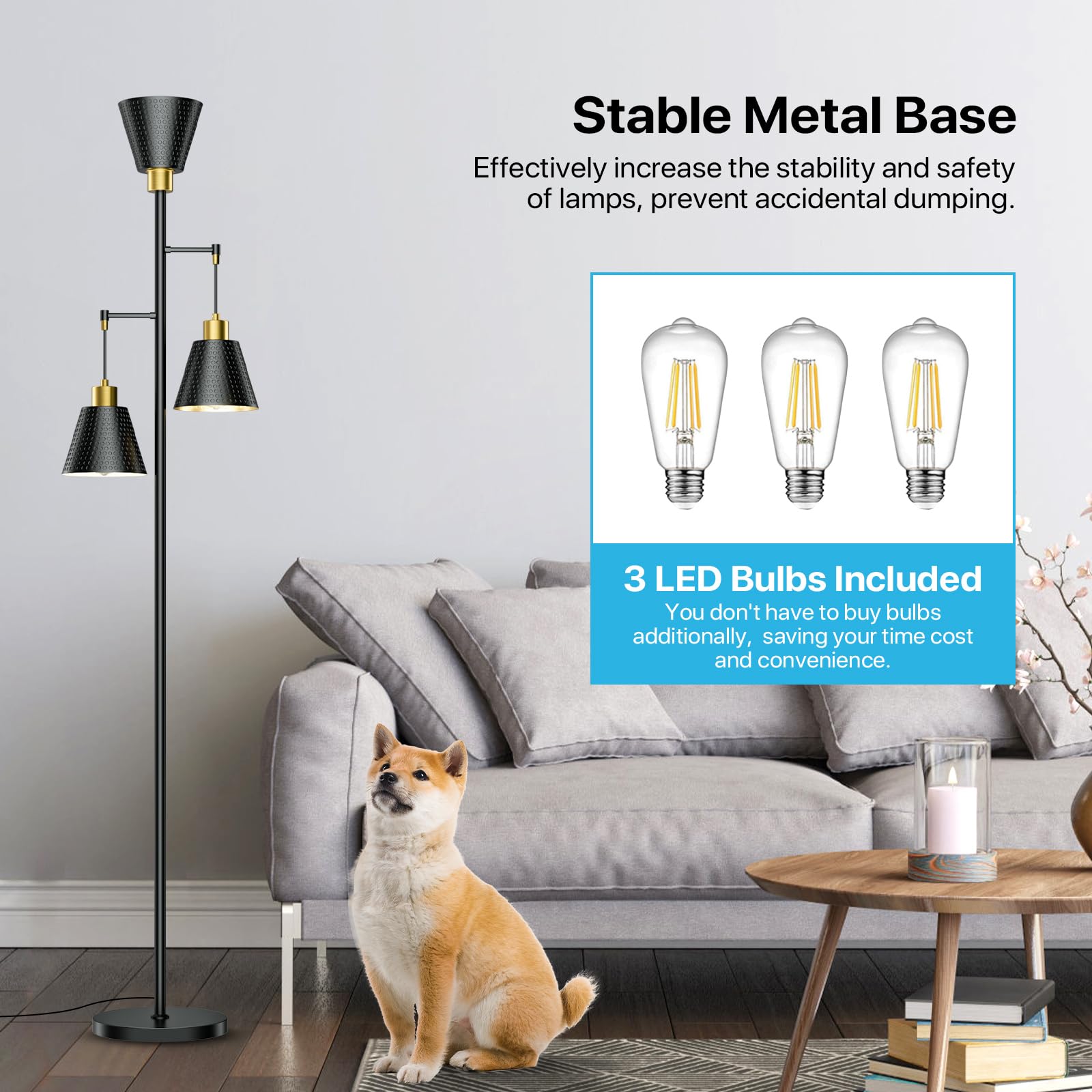 Floor Lamps for Living Room - Black Floor Lamp with Cage Shade 70'' Standing Lamps for Living Room Corner Floor Lamp with 3 LED Bulbs Rustic Floor Lamp