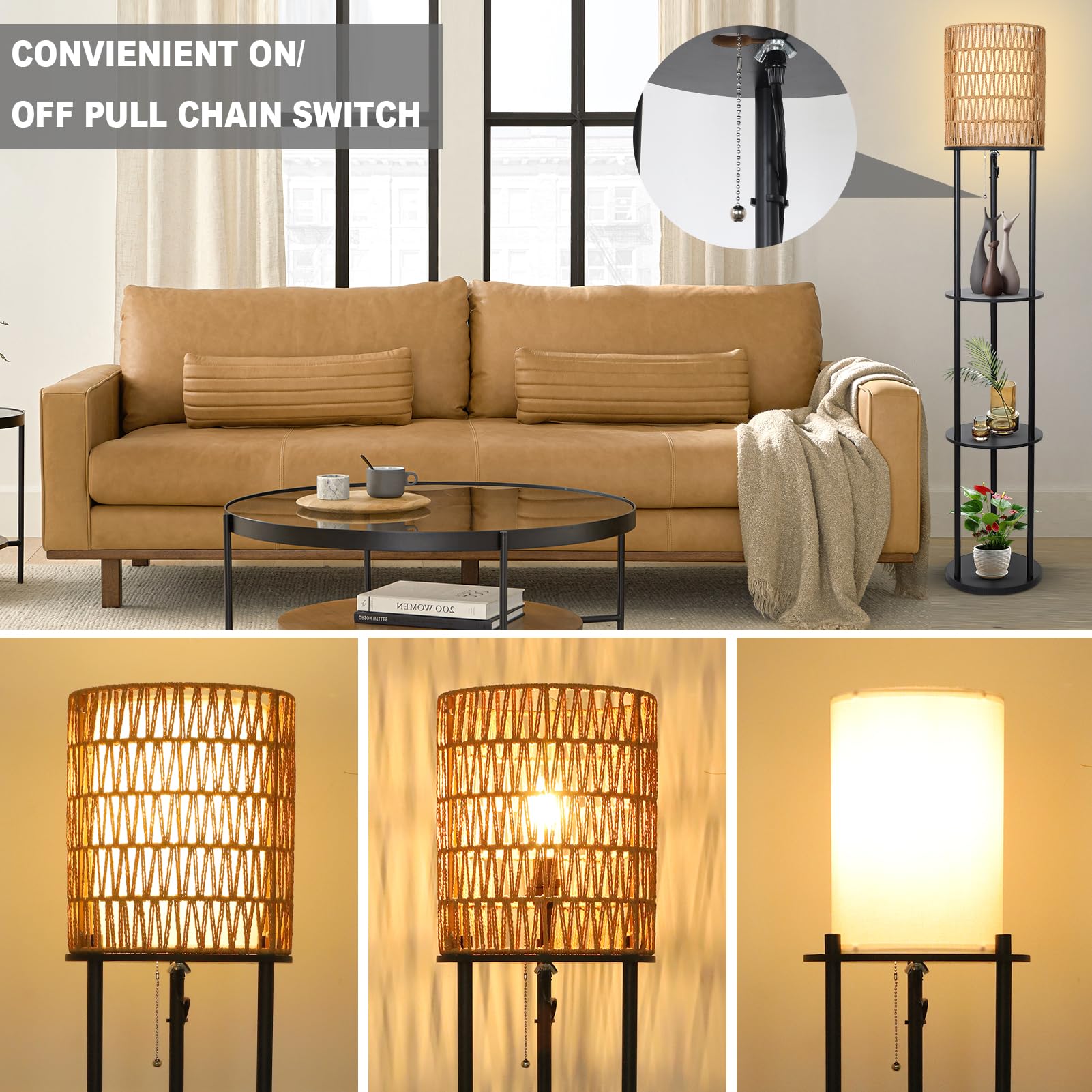 Floor Lamp with Shelves, Corner Floor Lamps for Living Room, Boho Floor Lamp with Double Shades, Rattan Standing Lamp for Bedroom Office, Shelf Tall Floor Lamp for Storage Display