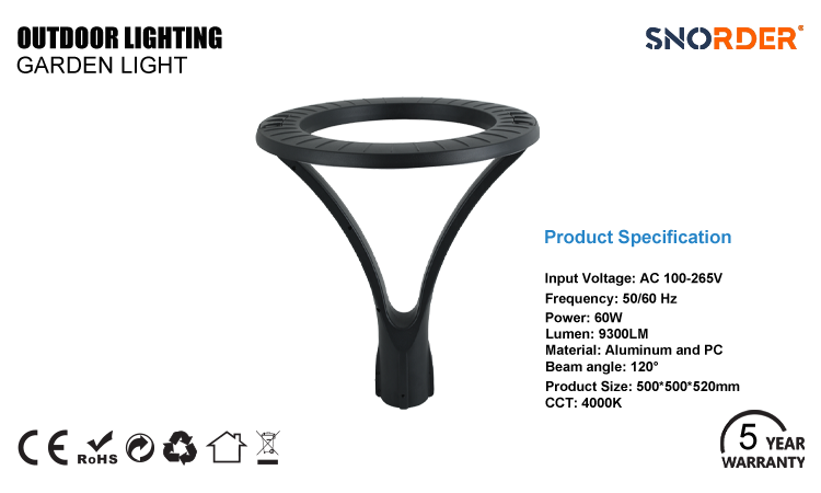 1. 60W LED black garden lamp AC100-265V outdoor lighting IP65 waterproof and dustproof aluminum garden lamp beam angle is 120 degrees