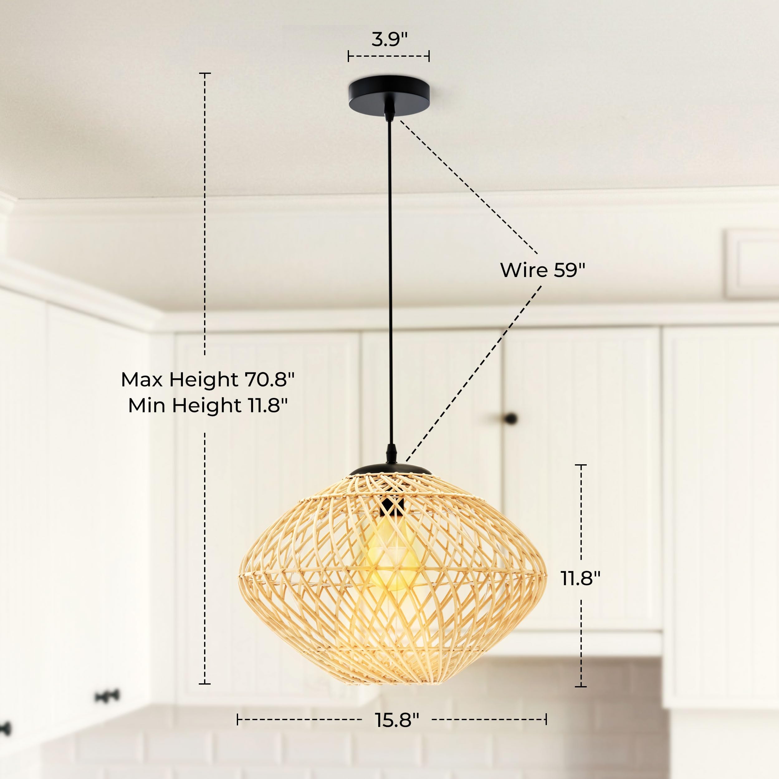15.7” Large Rattan Chandelier for Dining Room - Boho Light Fixture Kitchen Island - Rattan Pendant Light for Bedroom - Coastal Pendant Light - Rattan Basket Light Fixture - Wicker Chandelier 