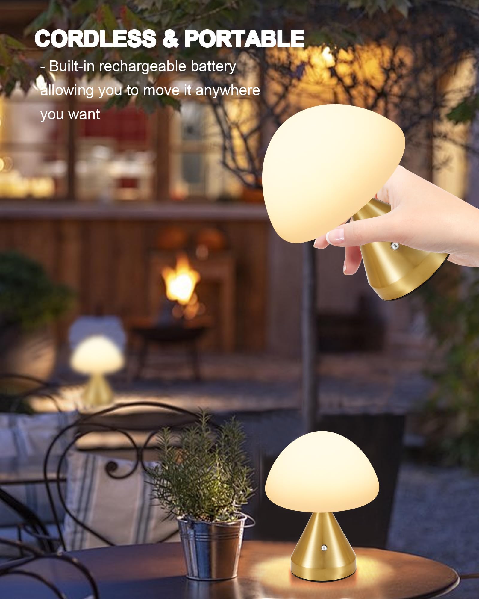 Cordless Small Mushroom Lamp, Rechargeable Battery Operated Table Lamp for Restaurant Bar Dining Table, Touch Dimmable Cute Bedside Night Light, Portable Outdoor Table Lamp for Patio Home Bedroom 