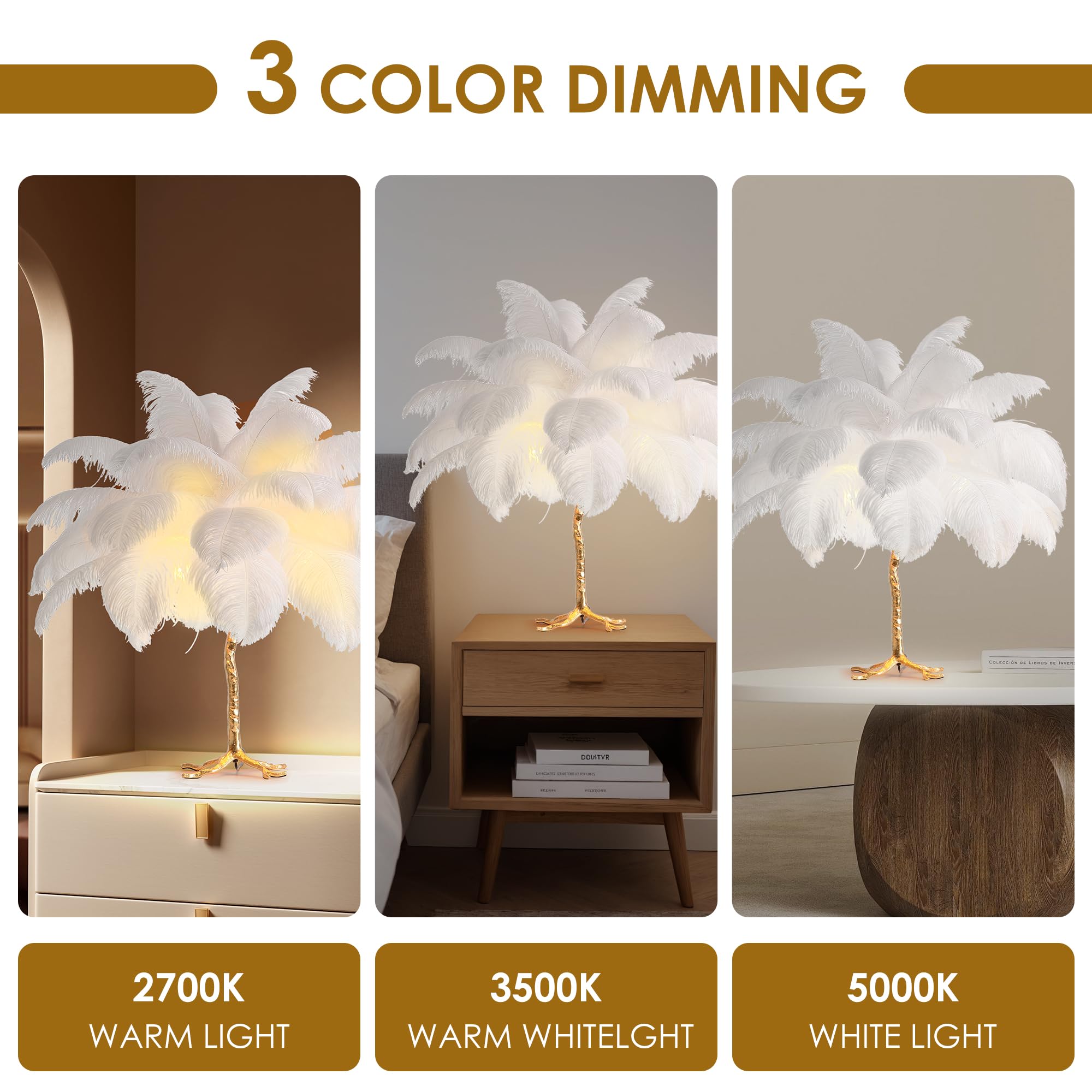 Real Ostrich Feather Table Lamp with Plug in Wire Modern Feather Lamp 3-Light Bedside Table Lamp for Living Room, Bedroom and Office 24” Tall Feather Desk Lamp