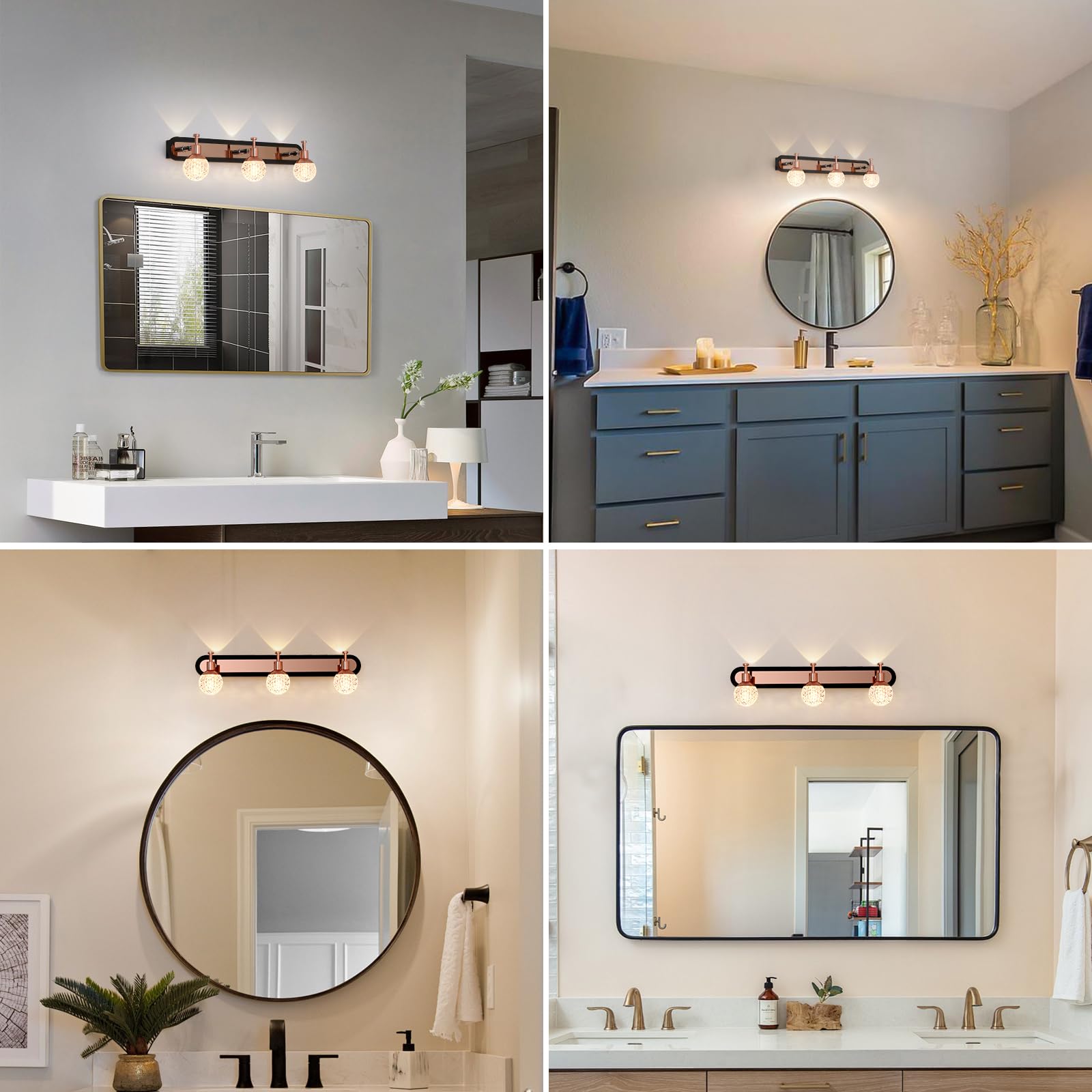 3 Lights Bathroom Vanity Light Over Mirror,Rose Gold Bathroom Light Fixtures with Warm/Neutral/White Light,Modern Vanity Light for Bathroom,Bedroom 