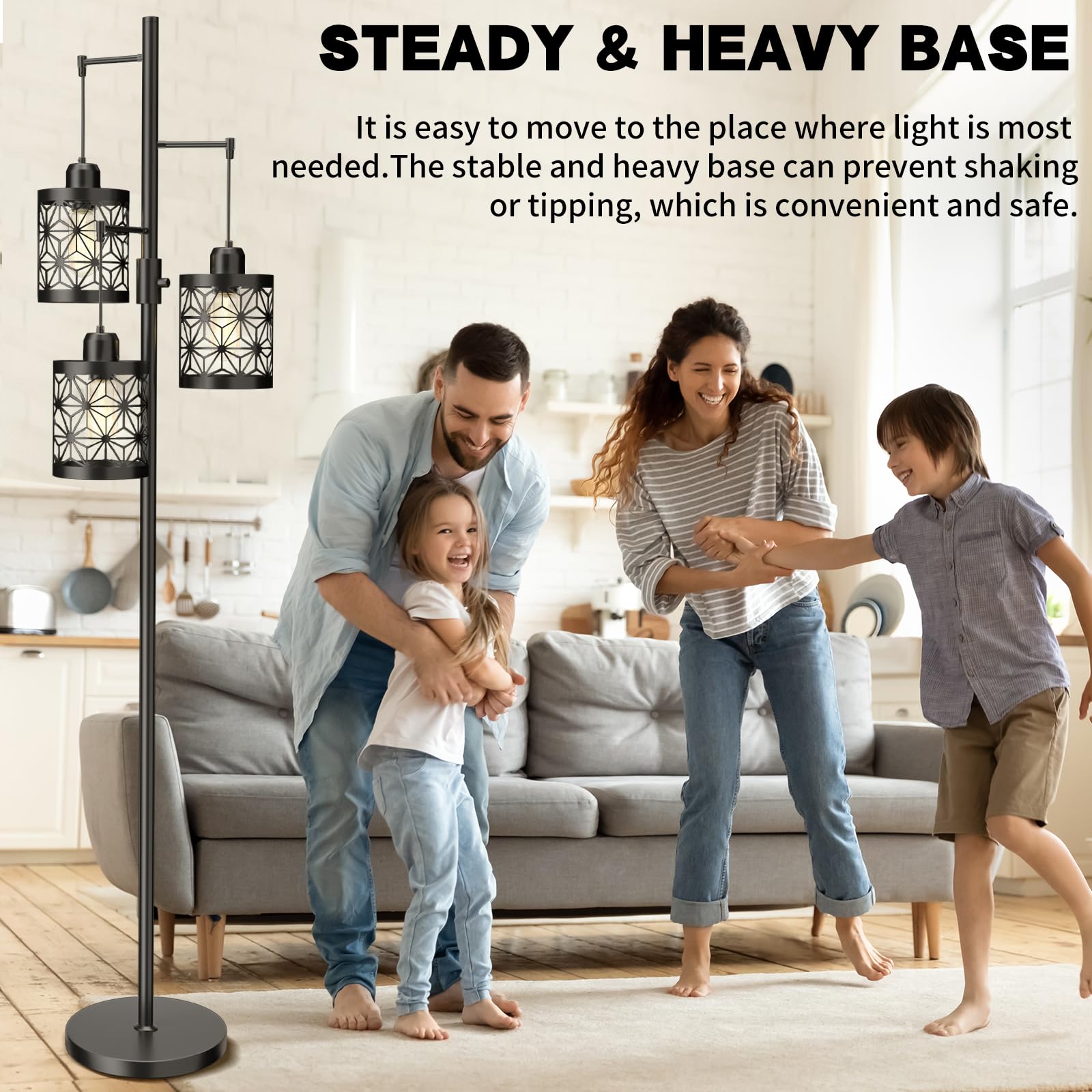 Floor Lamp, Floor Lamp for Living Room, Modern Floor Lamp for Bedroom, Standing Tall Floor Lamps for Office, Dimmable Floor Lamp with Bright 3X 800LM LED Edison Bulbs 