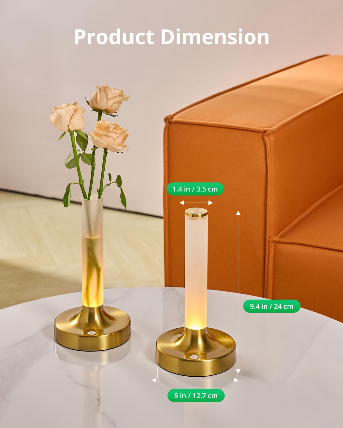 Gold Flower Lamp, Rechargeable Cordless Dining Table Lamp, 2 Color Stepless Dimming Touch Lamp, Battery Vase Lamp for Home/Dinner (Flower Not Included) 