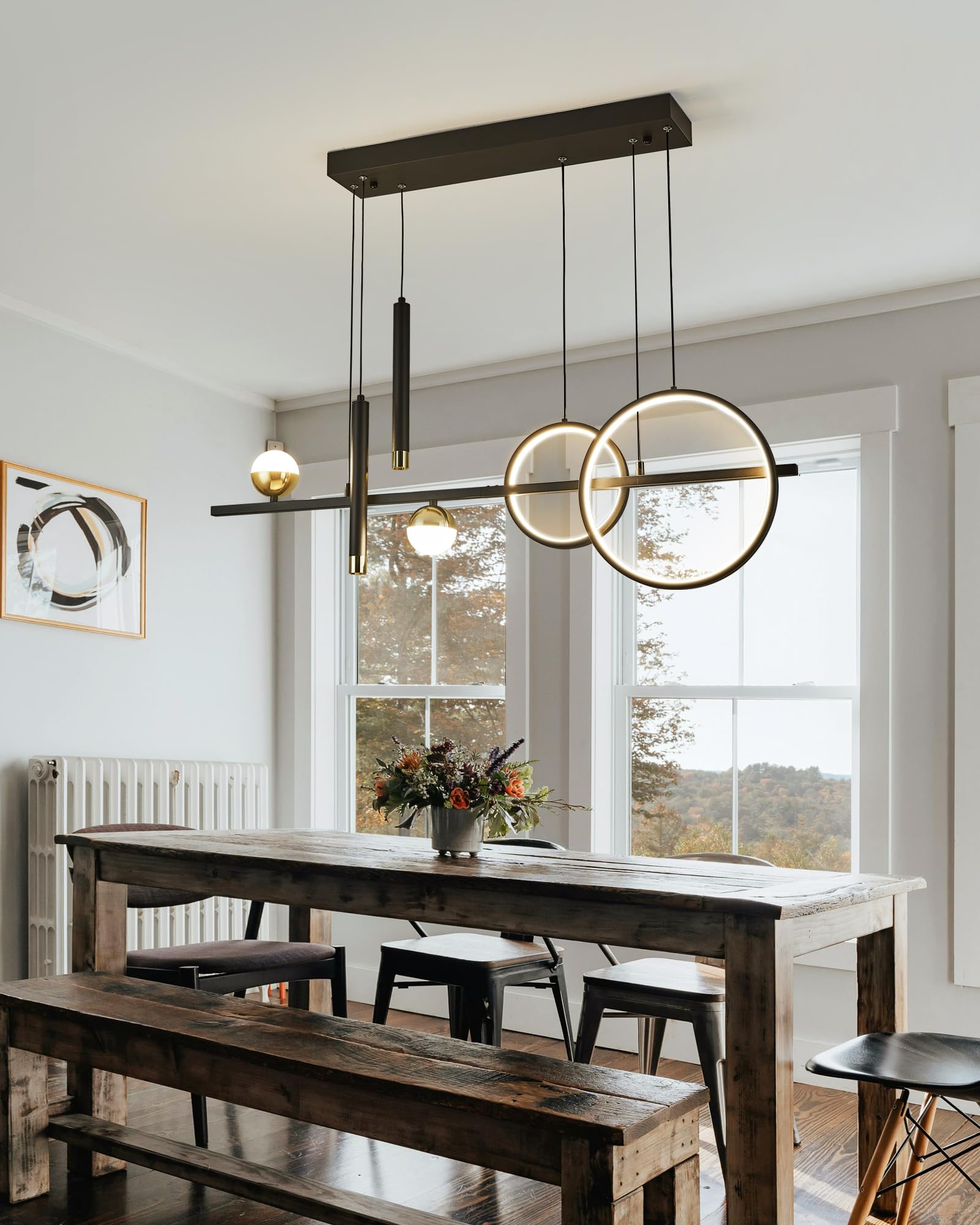 39" Modern Linear LED Chandelier, Dimmable LED Kitchen Island Pendant Light with Remote Control, Black and Gold Modern Chandelier for Dining Room