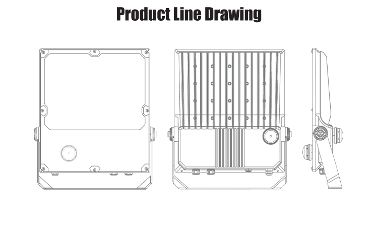 6. Product line drawing bracket 360-degree adjustable China-made LED outdoor aluminum floodlight 50W 100W 150W 200W 250W 300W optional 3000K-4000K-5000K switchable IP66 waterproof and dus