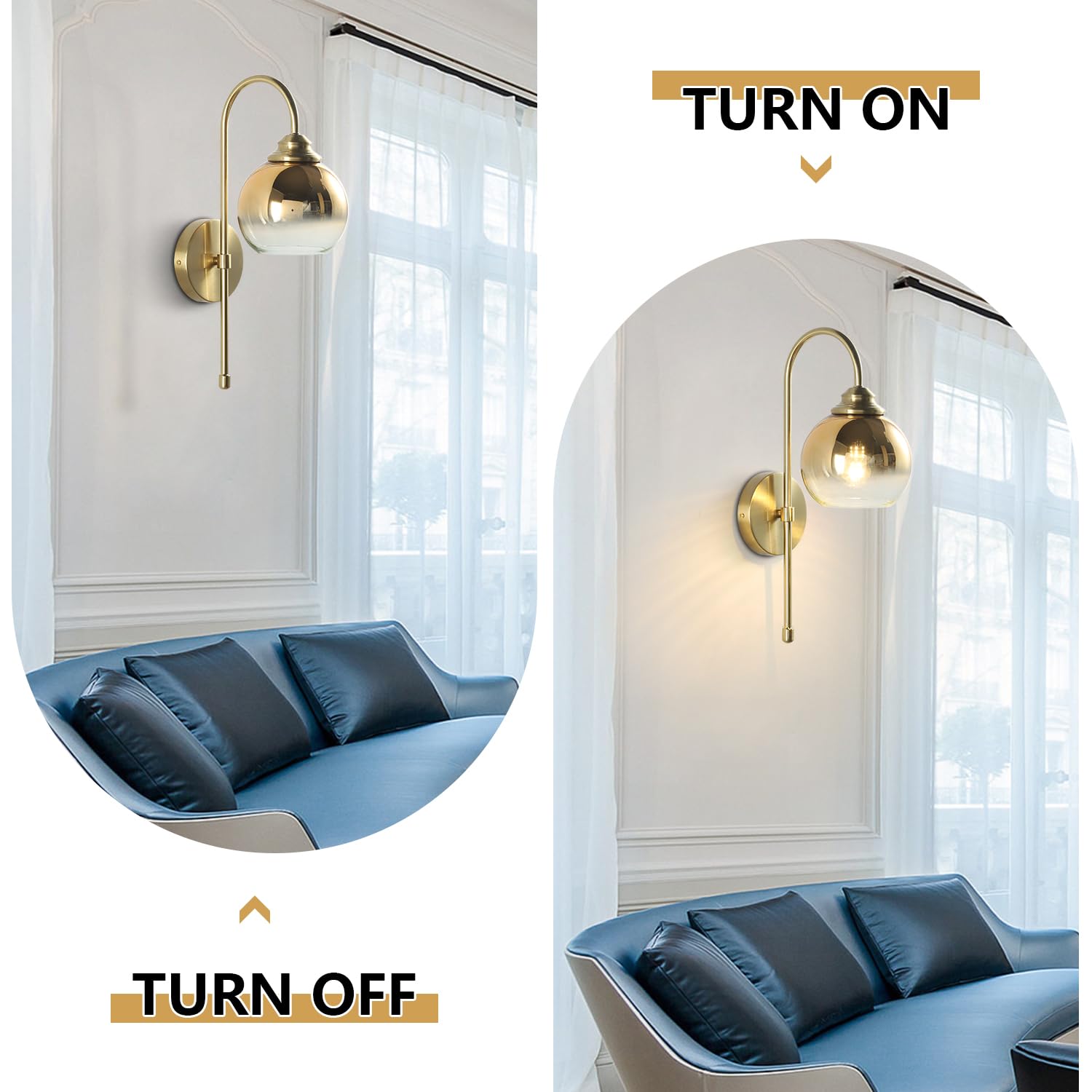  Brass Wall Sconces Vintage Rose Gold Armed Sconce Mid Century Modern Long Sconces Wall Lighting Indoor Large Glass Globe Wall Sconce Bathroom Vanity Wall Light for Bedroom 