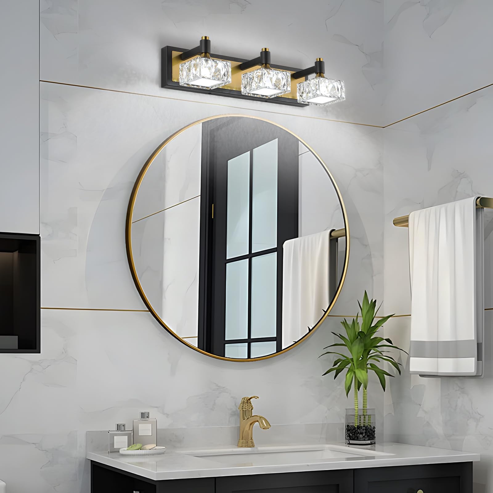 3-Light Bathroom Light Fixtures Over Mirror, Dimmable Led Bathroom Vanity Light with Crystal Shade, Black and Gold Modern Wall Sconce Light, Bathroom Lighting Fixtures Over Mirror, Bath Lamp