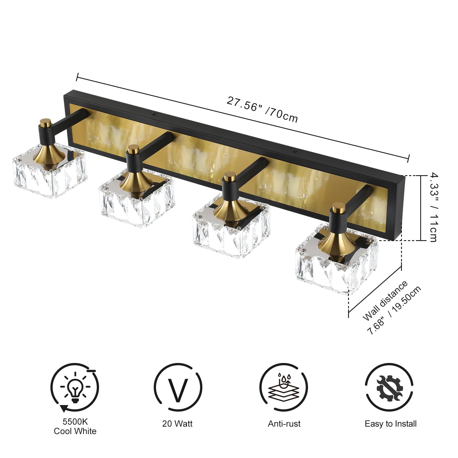 4 Light Bathroom Vanity Light, LED 24W Bathroom Lighting Fixtures Over Mirror, Gold Black Bathroom Light Fixture, Wall Sconce Light with Crystal Shade, Bathroom Wall Light Fixtures, Day Light 