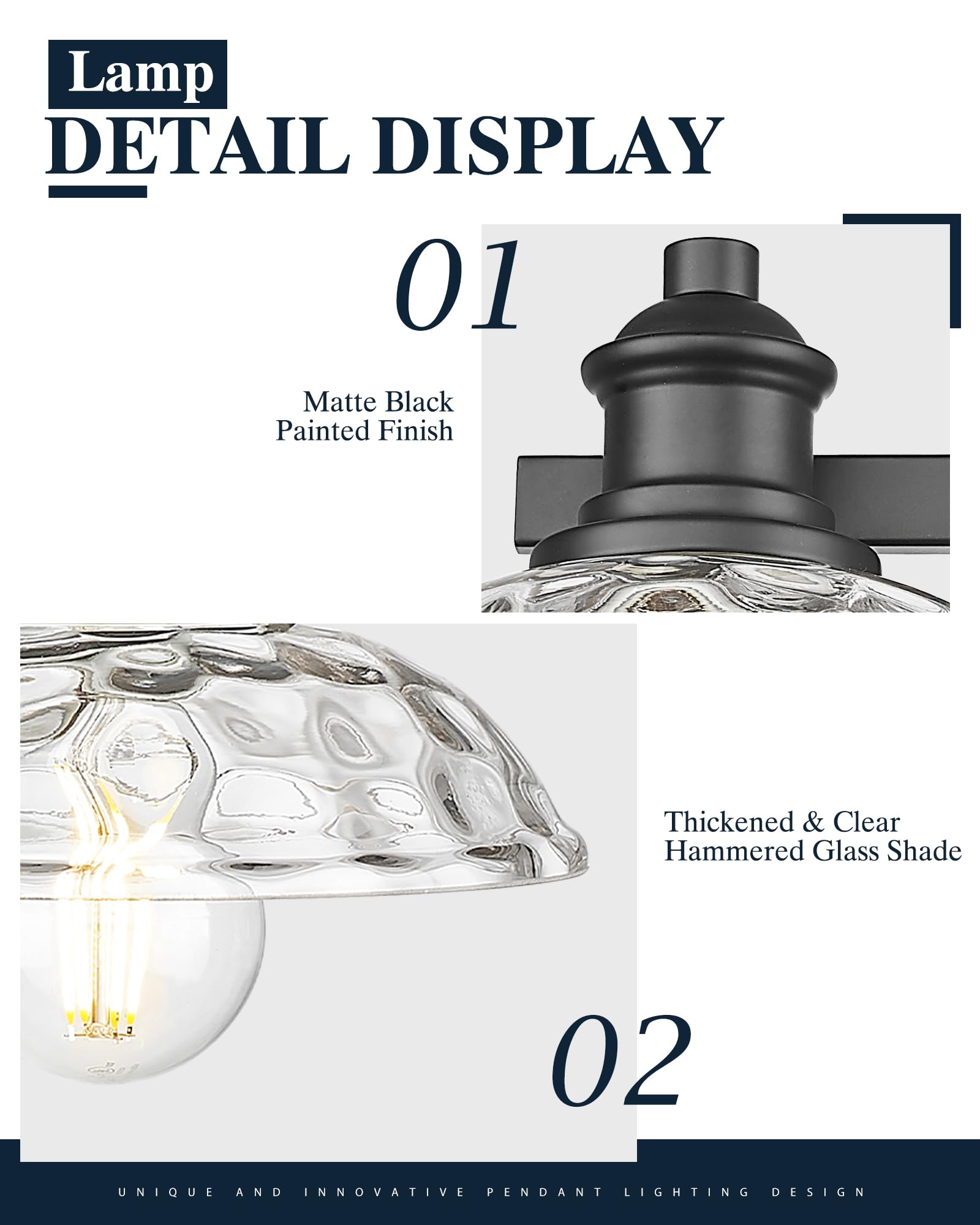 25 Inch Bathroom Light Fixtures Over Mirror, 3-Light Farmhouse Vanity Lights, Black Bathroom Lighting Fixtures with Clear Hammered Glass Shade for Bedroom, Living Room, Kitchen Sink