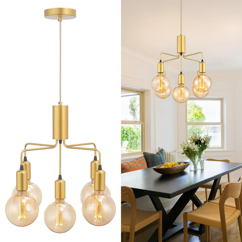 5-Lights Gold Chandelier Light Fixture Modern Metal Globe Pendant Light Sputnik Chandeliers Hanging Ceiling Light Fixture for Dining Room Living Room, Dining Room, Bedroom, Kitchen