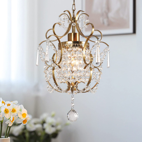 Small Crystal Chandelier, Mini Elegant Crystal Chandelier Light Fixture, 1-Light Pendant Light Fixture, Adjustable Hanging Lighting for Entryway, Bedroom, Girls Room, Kitchen Island