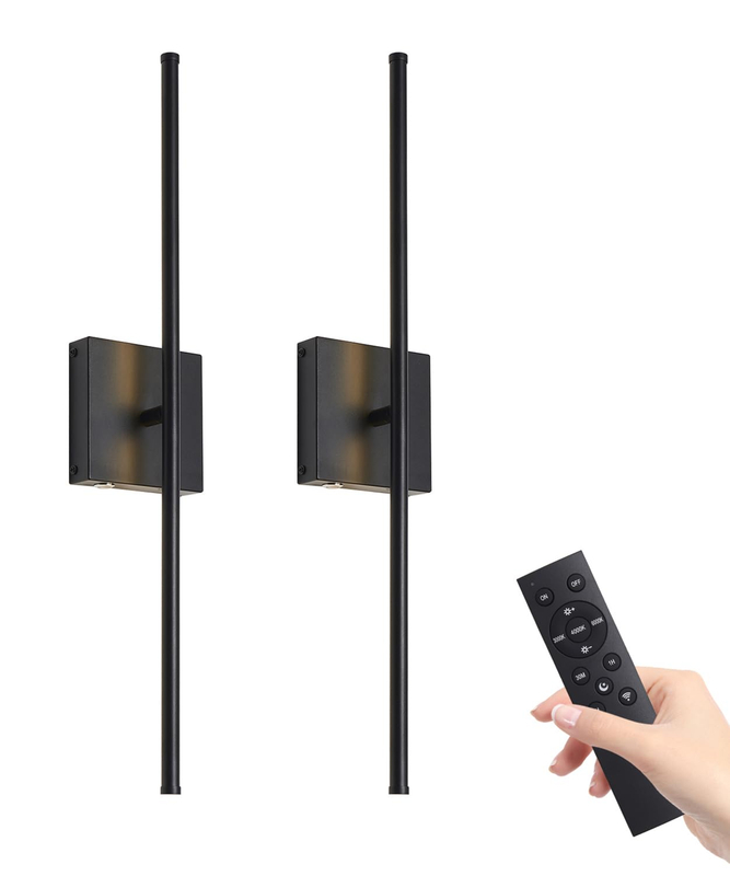 Battery Operated Wall Sconces with Remote Control,Wall Sconces Set of Two,3000K-6000K LED Wireless Wall Light for Bedroom, Hallway, Background Wall, 350°Rotate,28.3 Inch