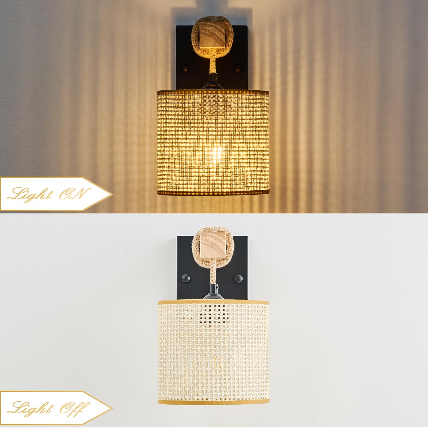 Rattan Boho Wall Sconces, Hardwired Hand-Woven Farmhouse Wall Lamps with Wooden Arm & On/Off Dimmable Switch,Rustic Indoor Wall Mount Light Fixtures for Bedroom Nursery Living Room Bathroom