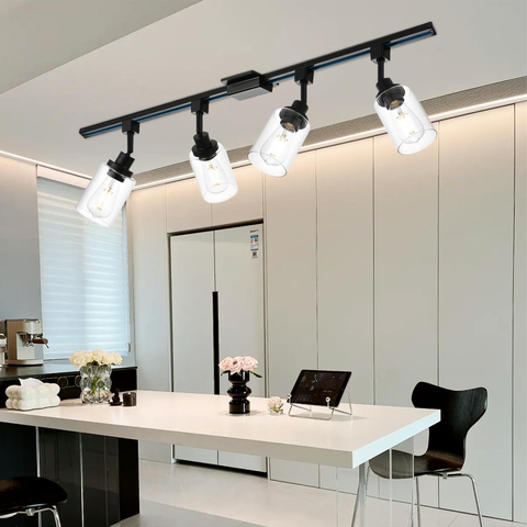 H-Type Track Lighting Heads Black with 39.3 Inches H-Type Tracking Rail, Ceiling Track Lighting Fixtures Replacement Heads with Clear Glass Shade Modern Ceiling Spotlight, E26 Bulb Base