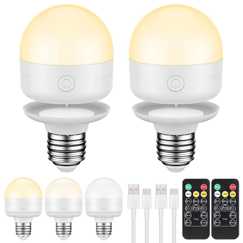 E26 Rechargeable Light Bulbs with Remote Control Timer and 3 Color Temperature Magnetically Battery Operated Light Bulbs Dimmer for Non-Hardwired Detachable (5W+E26+3Colors) 