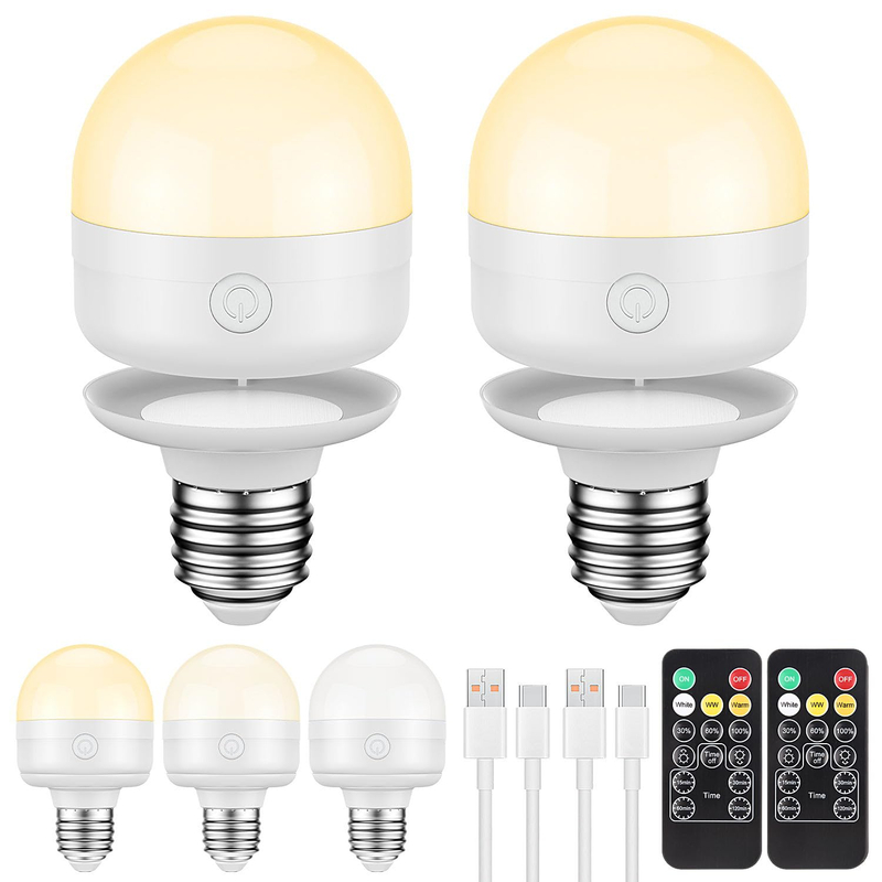 E26 Rechargeable Light Bulbs with Remote Control Timer and 3 Color Temperature Magnetically Battery Operated Light Bulbs Dimmer for Non-Hardwired Detachable (5W+E26+3Colors) 