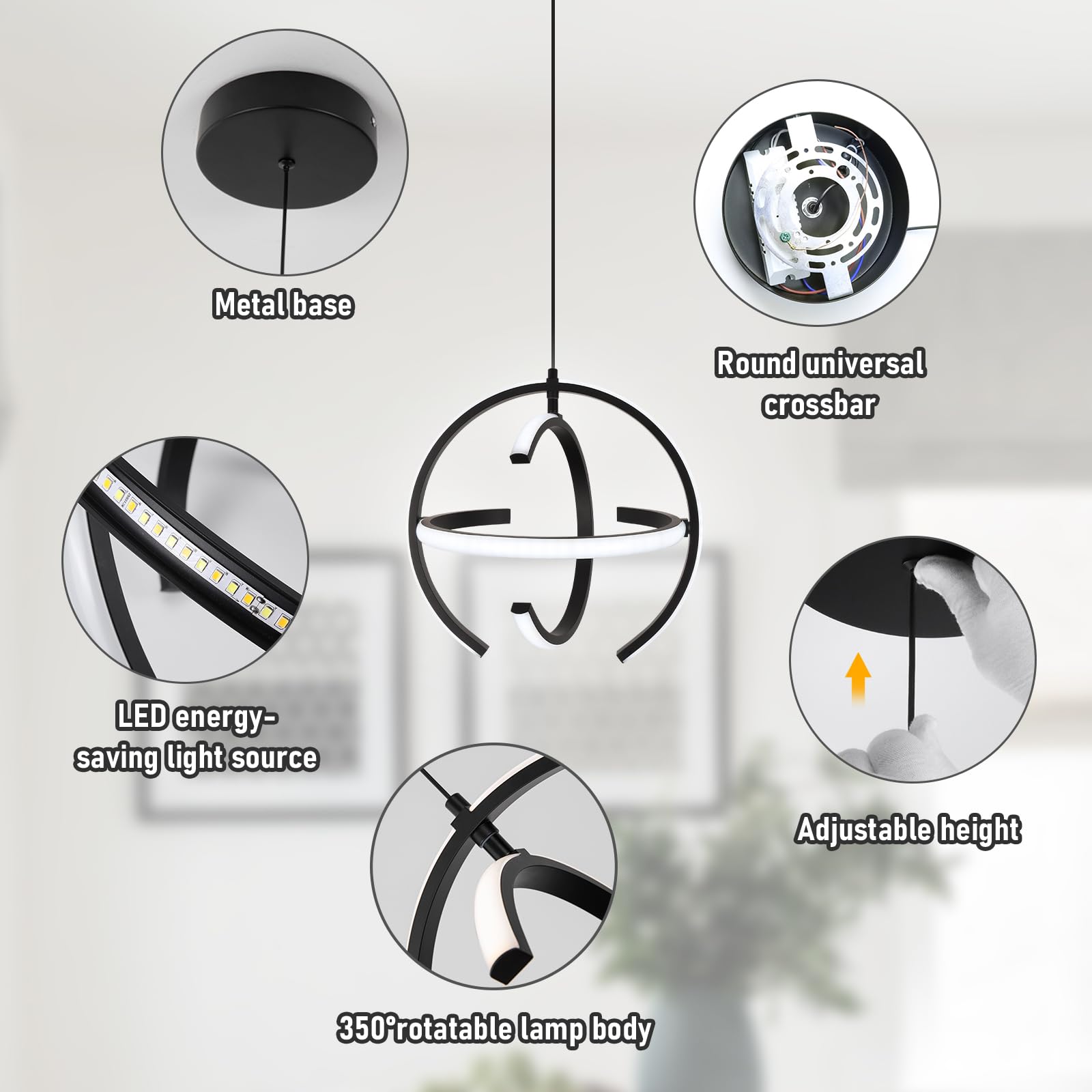 Black Modern LED Chandeliers, Dimmable Globe Pendant Lights Fixture, 13.8
