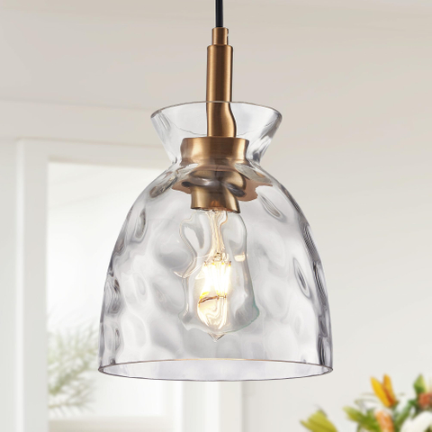 Glass Pendant Light for Kitchen Island,Industrial Pendant Lighting with Hammered Glass Shade,Modern Chandelier Hanging Ceiling Lighting for Dining Room Entryway,E26 Base,Gold 