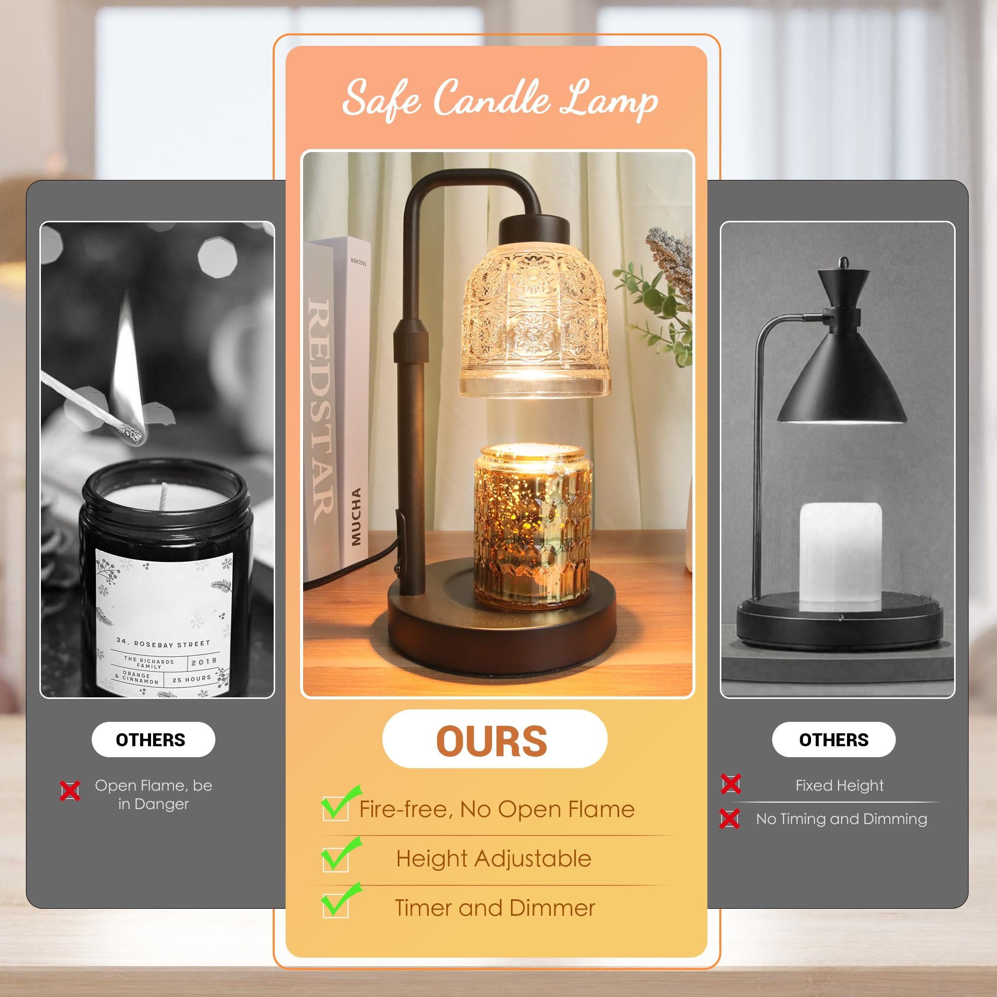 Candle Warmer Lamp with Timer, Dimmable Candle Warmer Lamp, Adjustable Height Candle Lamp, Electric Candle Lamp Warmer, Present for Mom Mother's Day Christmas Home Decor - Black 