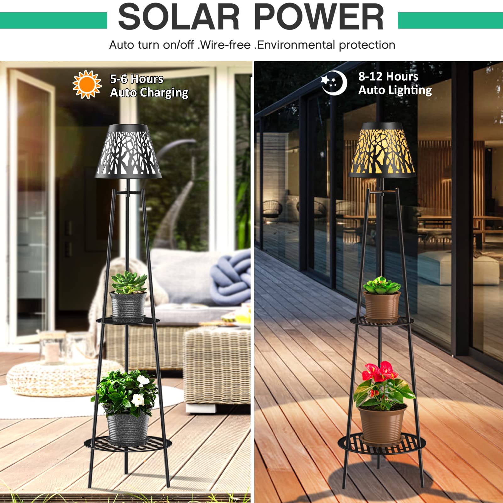 45.5'' Solar Lights with 2 Tier Plant Stand, Metal Solar Floor Lamps, Solar Powered Outdoor Waterproof Lights Flower Shelf for Patio Deck Yard Garden Porch Decor 