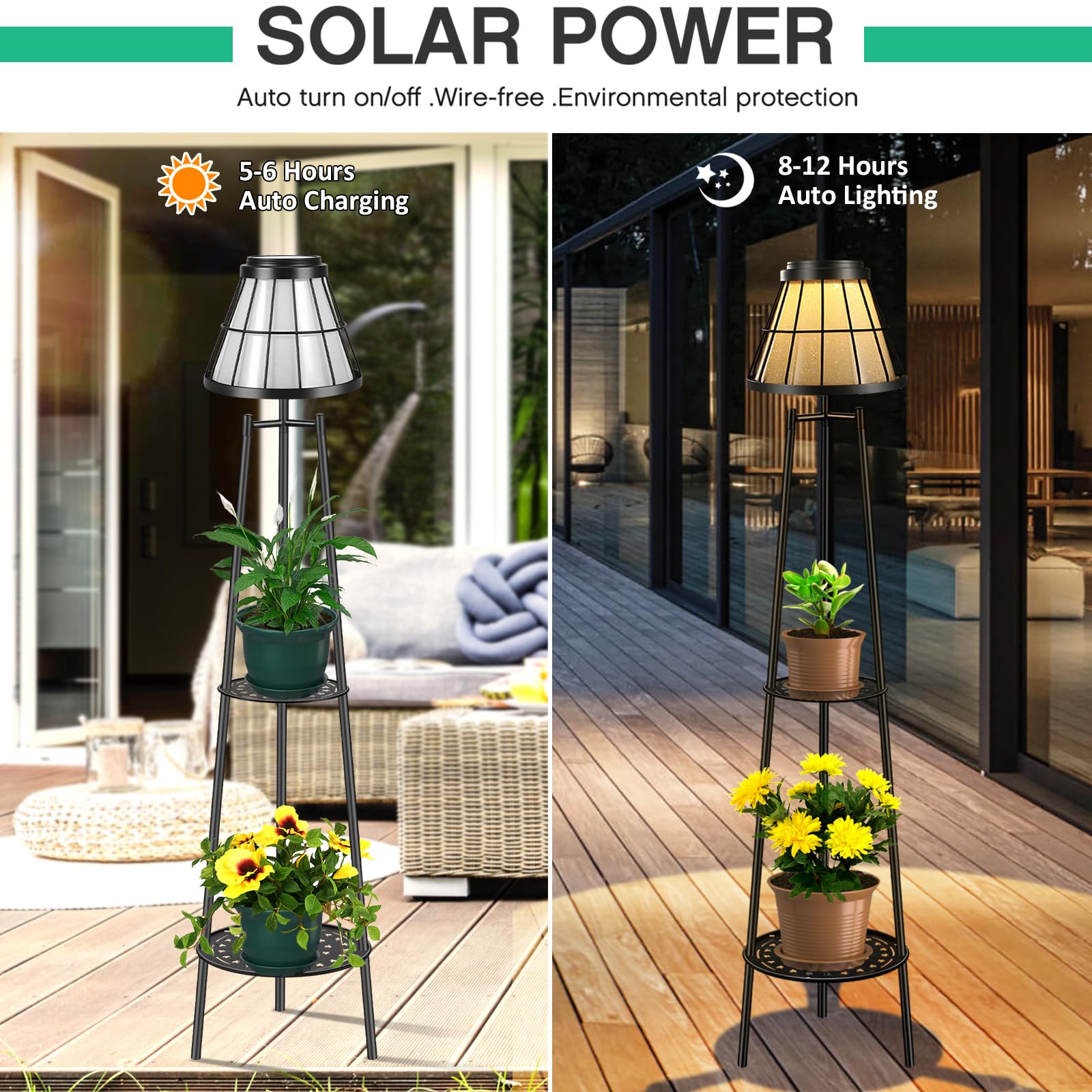 45.5'' Solar Floor Lamps with 2 Tier Plant Stand, Waterproof Metal Solar Powered Outdoor Lights Flower Shelf for Patio Deck Yard Garden Porch Decor 