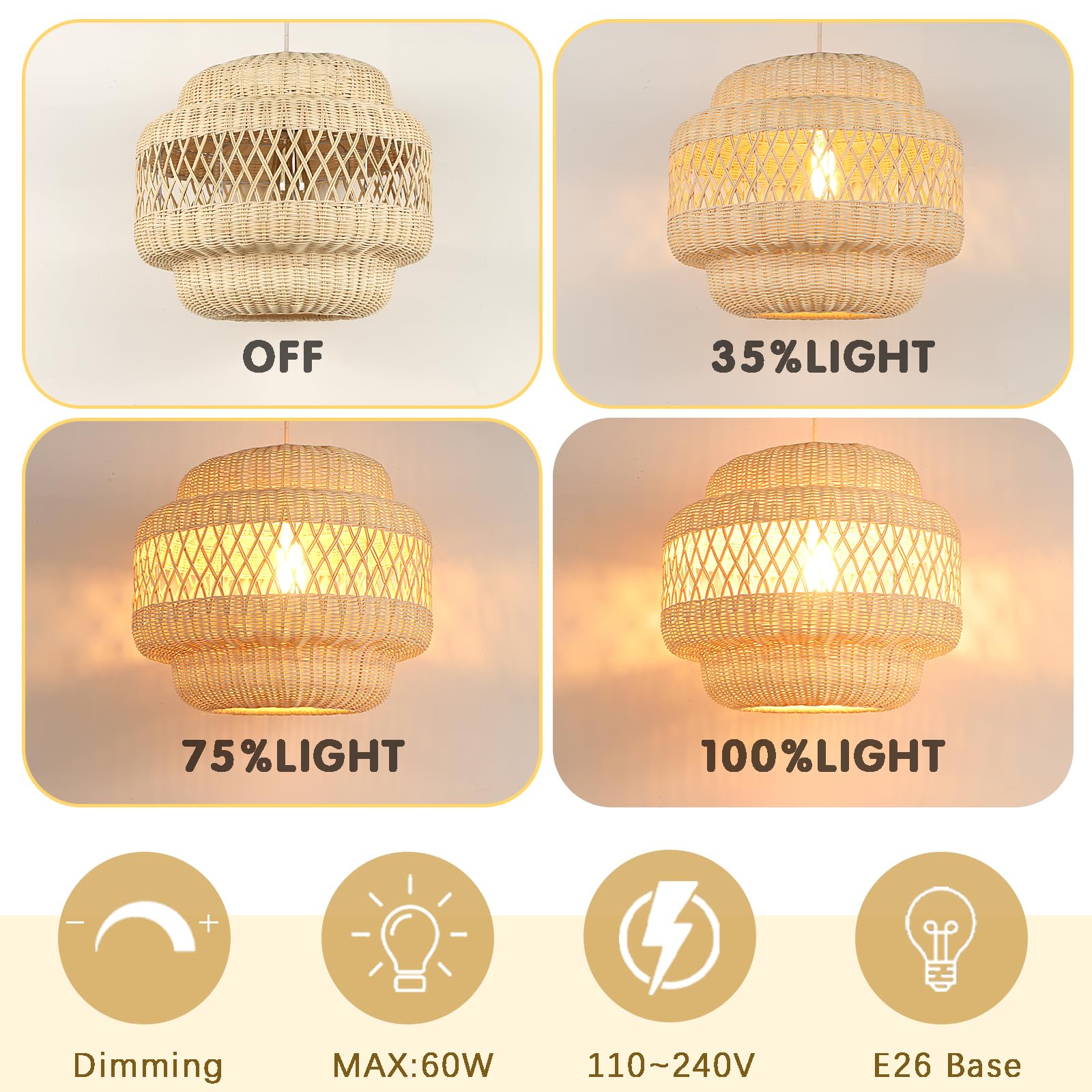 15.8" Rattan Pendant Light Kitchen Island, Boho Lights Fixture Wicker Dining Room Lighting Farmhouse Hand-Woven Chandeliers Weaving Hanging Ceiling Lighting for Restaurant Living Room Foyer 