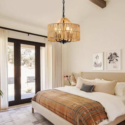 Antique Dining Room Light Fixture, 4-Light Rattan Pendant Light with Drum Shade, Adjustable Woven Wicker Ceiling Hanging Light, Farmhouse Boho Chandelier for Living Room Kitchen Island 