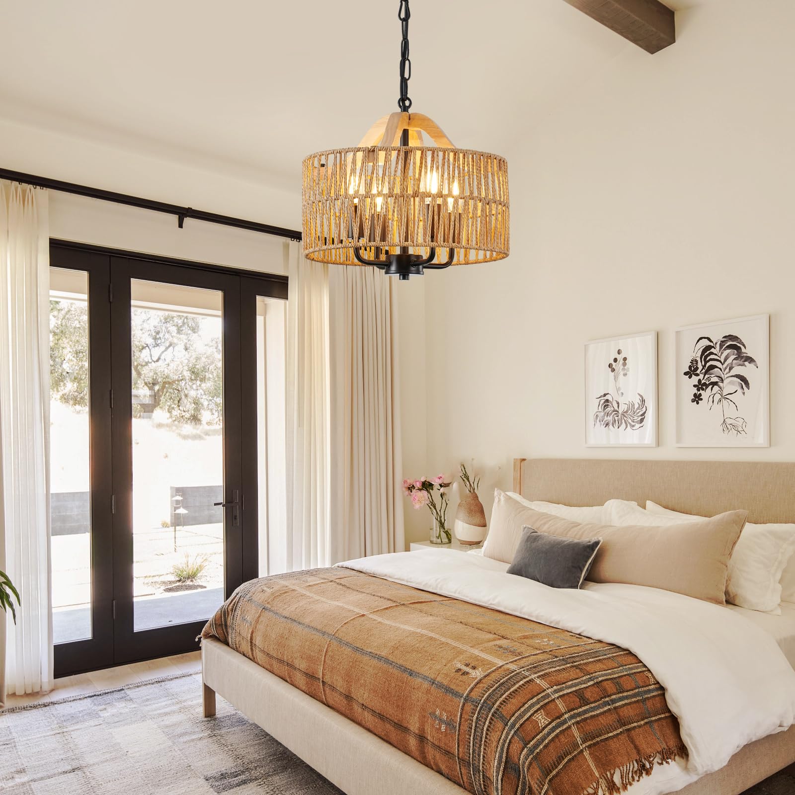 Antique Dining Room Light Fixture, 4-Light Rattan Pendant Light with Drum Shade, Adjustable Woven Wicker Ceiling Hanging Light, Farmhouse Boho Chandelier for Living Room Kitchen Island 