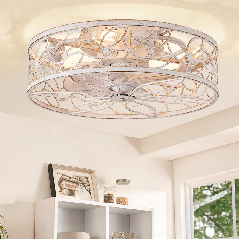Caged Ceiling Fans with Lights, Farmhouse Flush Mount Ceiling Fan with Remote, Low Profile Ceiling Fan Light Fixture for Bedroom, Kitchen, Dining Room