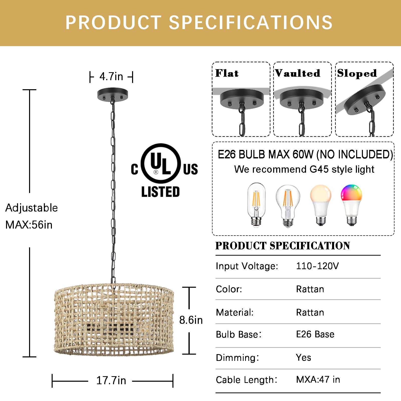 17.7" Rattan Dining Room Light fixtures, 5-Light Hand Woven Pendant Lights Kitchen Island Rattan Boho Chandelier Bohemian Hanging Ceiling Lights Wicker Lighting for Restaurants Living Room 