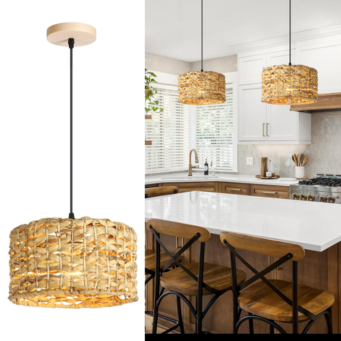 Rattan Pendant Light for Kitchen Island, 12.2in Boho Hand Woven Kitchen Light Fixtures Wicker Dining Room Lighting Coastal Chandelier for Farmhouse Bedroom Living Room Restaurants Bedside