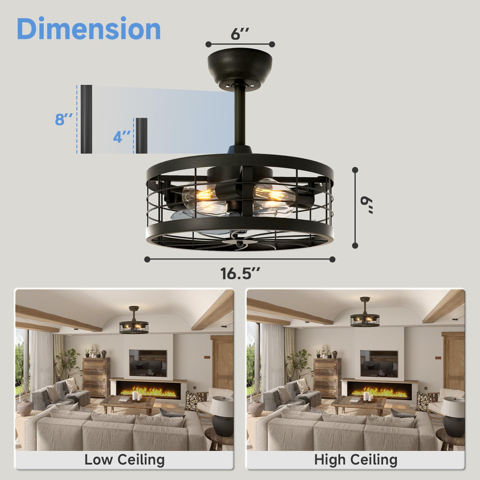 Caged Ceiling Fan with Light,16.5in Black Fandelier Ceiling Fan with Light and Remote,Farmhouse Bladeless Ceiling Fan Lights Fixtures for Kitchen,Bedroom