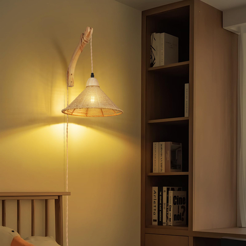Rattan Wall Lamp with Plug in Cord Boho Wall Sconces Farmhouse Hanging Wall Mounted Light Fixture Chandelier for Bedroom Living Room Dining Room 